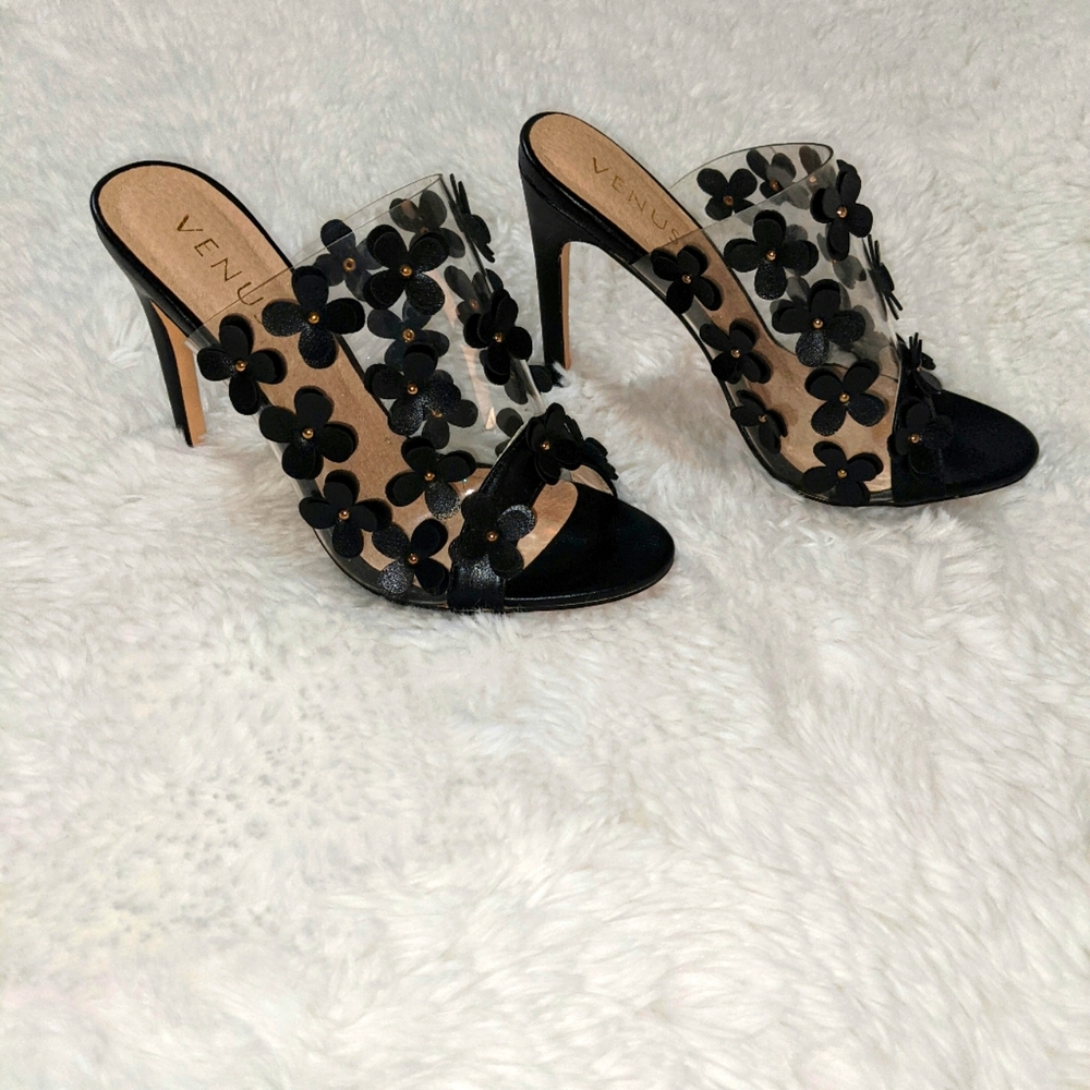 Venus, Slide on mule heels, Women's Size 7, Peep toe, Stiletto, Black, Floral